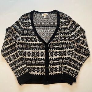 Talbots Women's Black Fair Isle Wool Angora Blend V-Neck Cardigan Sweater M